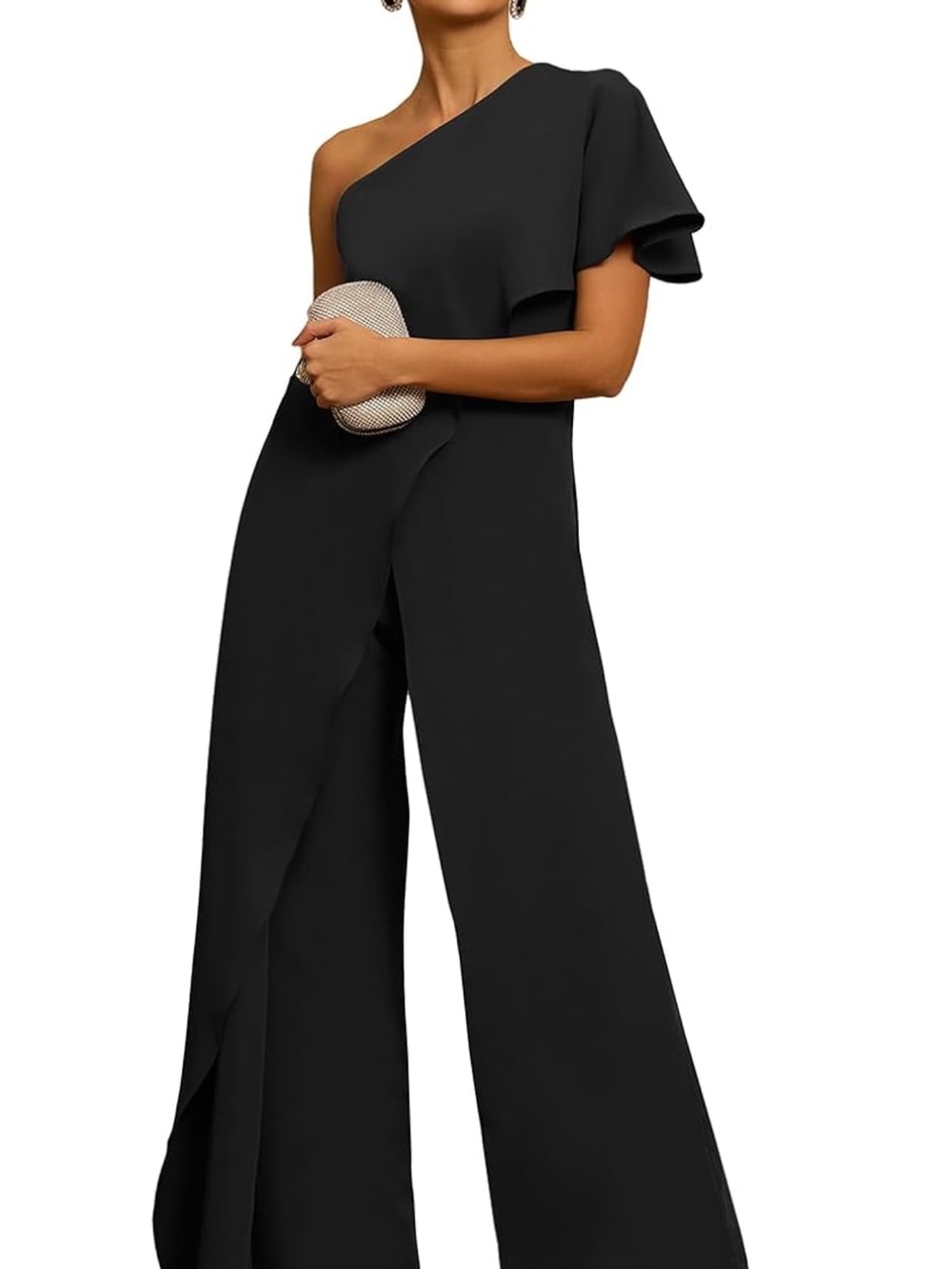 Asymmetric One-Shoulder Black Wide-Leg Jumpsuit